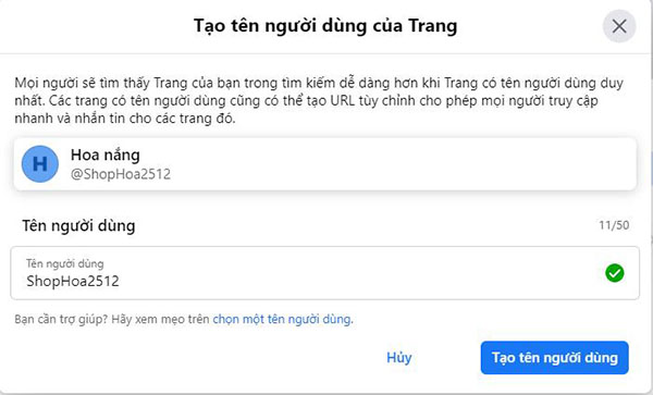 tạo tên cho fanpage