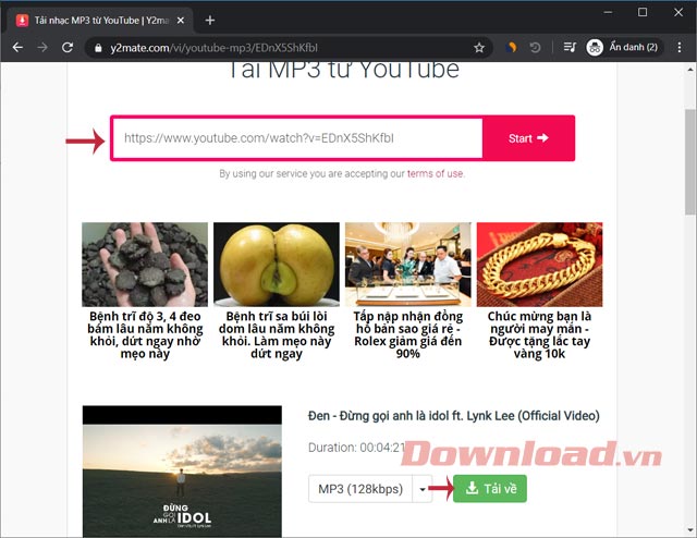 Giao diện dịch vụ YouTube Tải xuống MP3 từ Y2mate