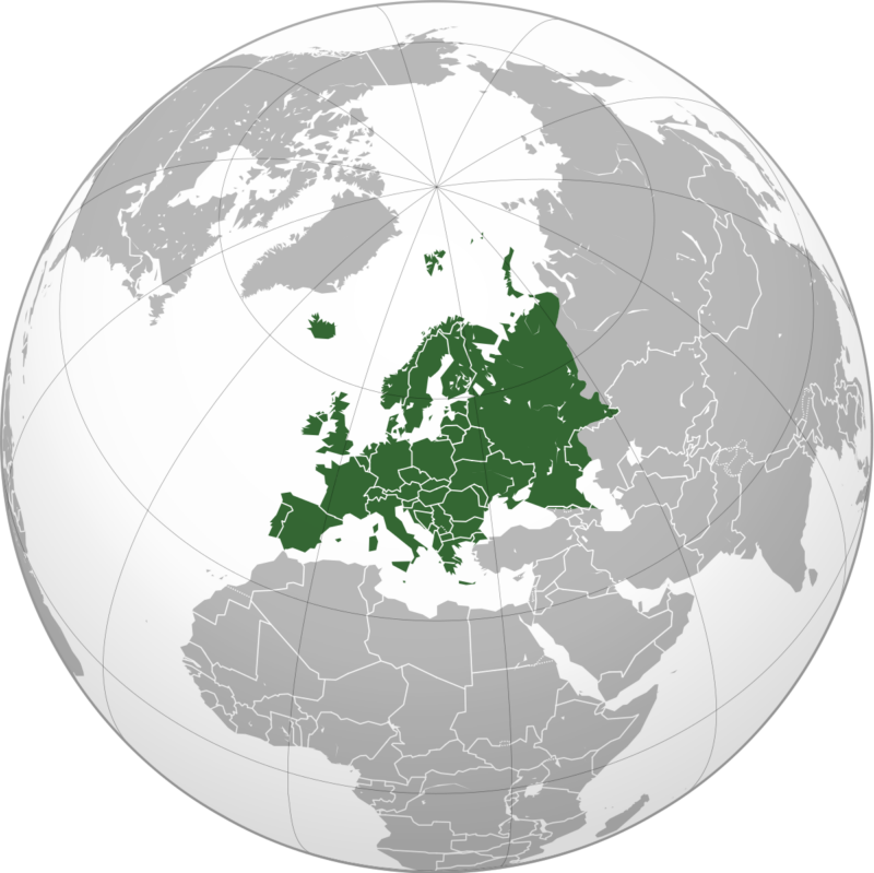 Europe orthographic Caucasus Urals boundary with borders.svg